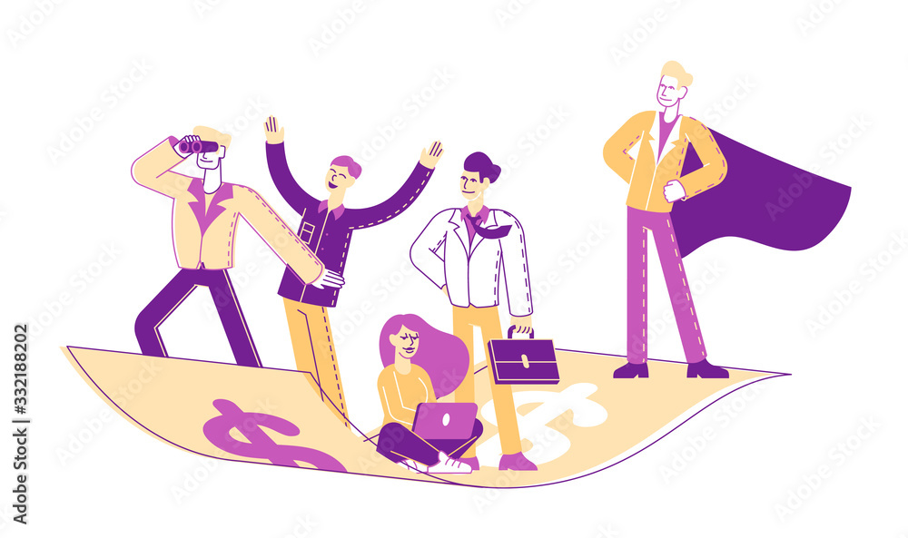 Business People Team Travel on Flying Money Carpet. Businessman in Superhero Cloak, Businesswoman Working on laptop. Financial Success, Teamwork Direction, Achievement. Linear Vector Illustration Business People Team Travel on Flying Money Carpet. Businessman in Superhero Cloak, Businesswoman Working on laptop. Financial Success, Teamwork Direction, Achievement. Linear Vector Illustration