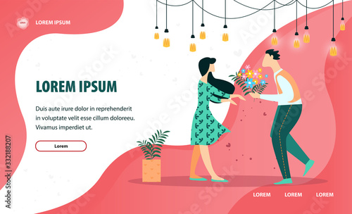 Informational Flyer Flowers for Girlfriend Flat. Ability to Understand Interlocutor. Banner Man Brought Flowers for Beautiful Woman. Girl Stretches her Hands to Bouquet. Vector Illustration.