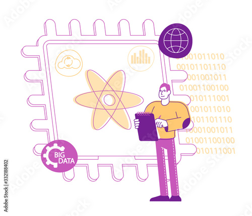 Quantum Computing or Supercomputing Concept. Computer Engineer Male Character Signing in Notebook Stand at Huge Microchip with Atom Symbol and Technology Symbols around. Linear Vector Illustration