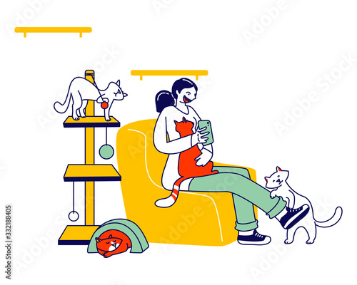 Happy Woman Playing with Cats and Making Pictures on Smartphone in Modern Cat Cafe. Female Character Holding Kitten on Hands Sitting on Comfortable Armchair, Hospitality. Linear Vector Illustration