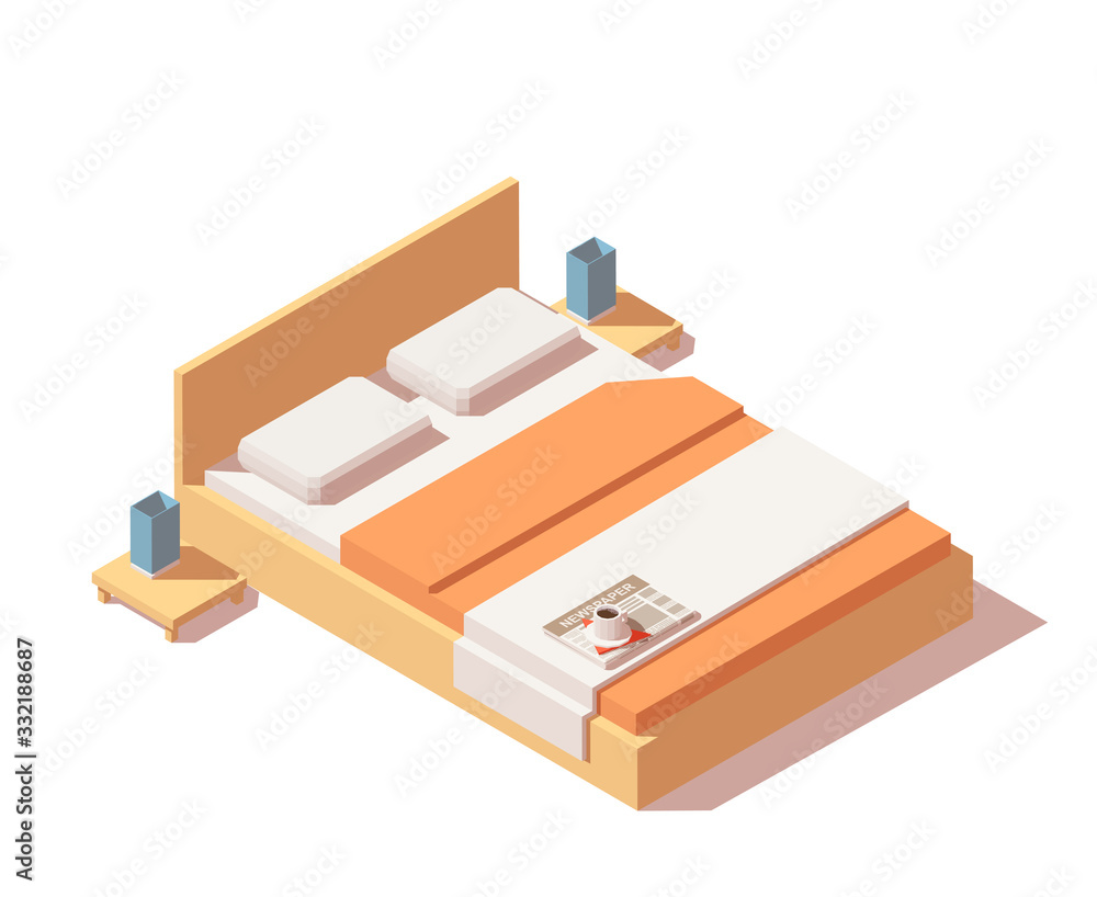 Vector isometric bed with mattress, pillows, high back and bedside tables. King size bed. Isolated on white background. Vector isometric bed with mattress, pillows, high back and bedside tables. King size bed. Isolated on white background.