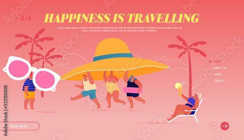 Summer Time Season Landing Page Template. People Enjoy Summertime Vacation, Relaxing on Beach. Male and Female Tiny Characters Carry Tropical Hat on Exotic Seaside Resort. Cartoon Vector Illustration