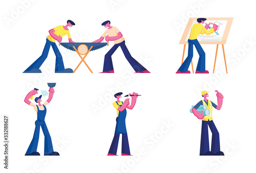 Set Call Master Repair Service, Architect and Builder Characters Job. Professional Workers with Tools and Instruments at Home, Saw Wood. Handyman Husband for Hour. Cartoon People Vector Illustration