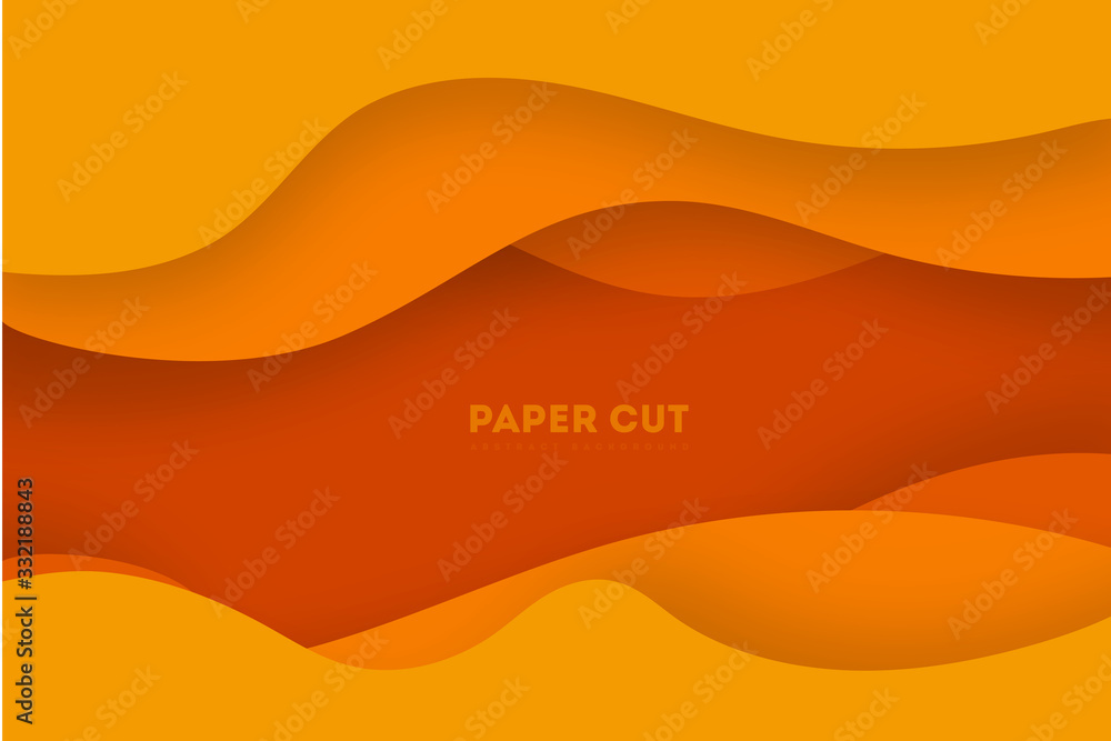 Fototapeta Yellow paper cut banner with 3D slime abstract background and yellow waves layers. Abstract layout design for brochure and flyer. Paper art vector illustration.
