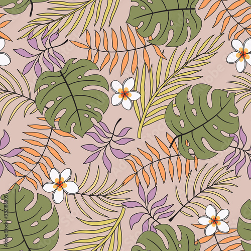 Tropical background with palm leaves and plumeria flowers. Seamless floral pattern. Summer vector illustration. Flat jungle print