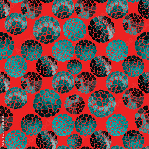 Creative seamless pattern with hand drawn circles with spots and triangles. G...