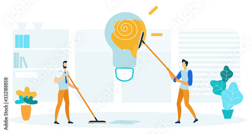 Men Cleaning Office Floor and Painting Light Bulb with Color Flat Cartoon Vector Illustration. Generating Ideas, Creating Innovations. Business Concept. Bright Lamp in Interior. Characters Working.