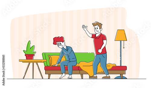Relationships Problem, Couple Fighting Concept. Annoyed Wife Tired of Husband Disagreement and Lecturing, Woman Crying and Thinking About Break Up. Family Quarrel, Pressure. Linear Vector Illustration