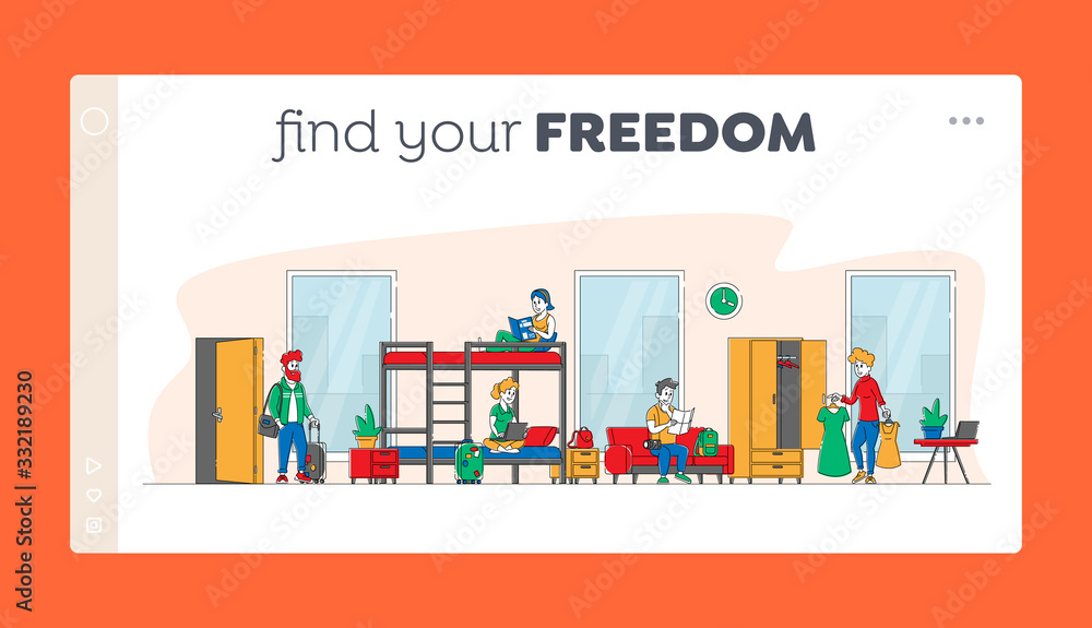 Diverse Young People Living in Hostel Landing Page Template. Tourist Characters Move to Motel for Staying at Night Cheap Accommodation for Students or Travelers, Guesthouse. Linear Vector Illustration Diverse Young People Living in Hostel Landing Page Template. Tourist Characters Move to Motel for Staying at Night Cheap Accommodation for Students or Travelers, Guesthouse. Linear Vector Illustration