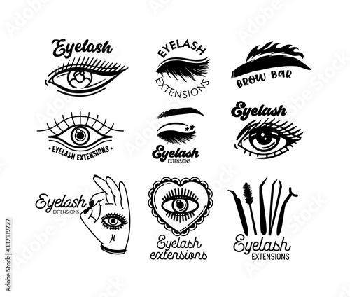 Set of Monochrome Icons for Eyelashes Extension, Eyebrow Bar Service. Black and White Eyes with Long Lashes, Make Up Instruments Symbols, Beauty Salon Linear Signs. Vector Illustration, Clip Art