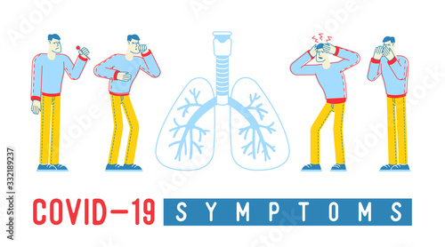 Coronavirus Infection Infographic. People Characters with Mers-cov Symptoms Dry Cough, Shortness of Breath, Fever, Fatigue, Chill. Medical Informational Poster Banner Flyer. Linear Vector Illustration