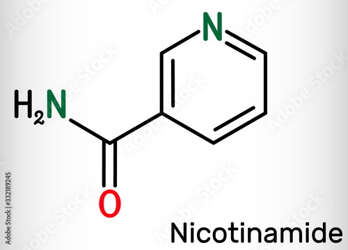 Nicotinamide, NAM, C6H6N2O  molecule. It is vitamin B3 found in food, used as a dietary supplement. Structural chemical formula