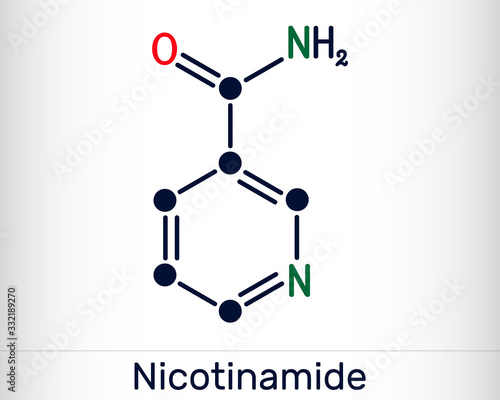 Nicotinamide, NAM, C6H6N2O  molecule. It is vitamin B3 found in food, used as a dietary supplement. Structural chemical formula