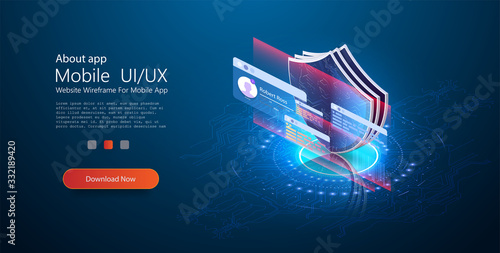 Information technology. Digital lock. Data management. Cyber security and information or network protection. Future technology web services. Privacy concept. Isometric internet security shield. Blue