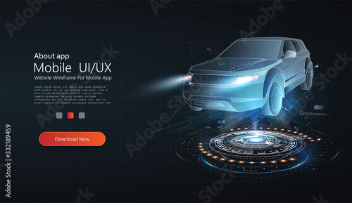 Holographic 3D wireframe car model rotating in black virtual space. Smart car isometric banner. Abstract project of a smart, intelligent car. Hologram auto, futuristic model auto.Automotive technology