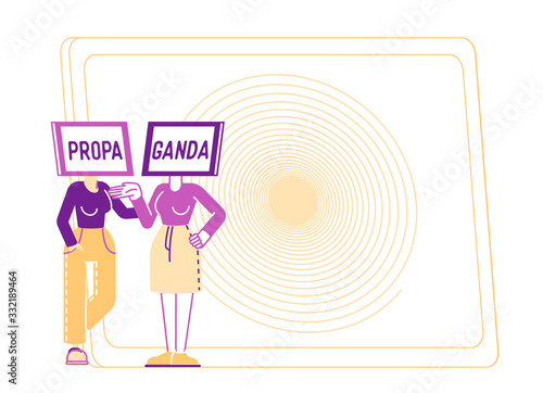 Female Characters with Tv Set Head with Propaganda Inscription on Screen Communicate front of Huge Hypnotic Spiral Background. Television Manipulating, Influence. Linear People Vector Illustration