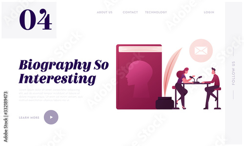 Female Radio Host Character Interviewing Famous Writer Landing Page Template. Announcement of New Biography Book with Human Profile on Cover, Inkwell, Feather Pen. Cartoon People Vector Illustration