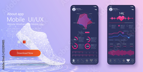 Different UI, UX, GUI screens fitness app and flat web icons for mobile apps, responsive website including. Web design and mobile template. Fitness interface design for mobile application. Vector