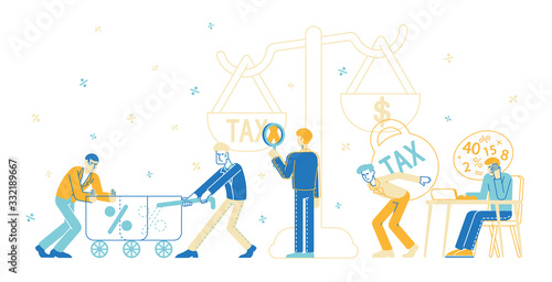 Tax Payment Obligation Concept. Group of Business People Characters near Huge Scales with Tax and Money Weight, Businessmen Burden Taxation, Bank Loan, Financial Debt. Linear Vector Illustration