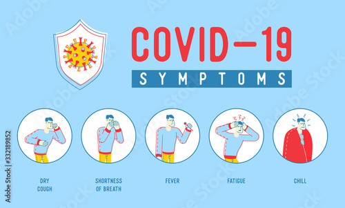 Sick People with COVID-19 Banner. Male Characters Having Coronavirus Infection Symptoms Dry Cough, Shortness of Breath, Fever, Fatigue, Chill. Health Care Poster Flyer. Linear Vector Illustration