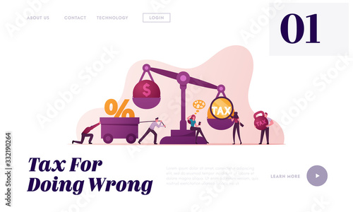 Bank Loan, Tax Payment Obligation, Landing Page Template. Business People Characters at Huge Scales with Tax and Money Weight, Businessmen and Businesswomen Financial Debt. Cartoon Vector Illustration