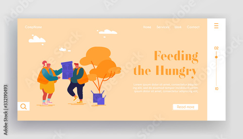 Material Assistance Landing Page Template. Volunteers Team Unload Humanitarian Aid Boxes for Refugees, Governmental Help. Food and Basic Necessities Distribution to People. Cartoon Vector Illustration