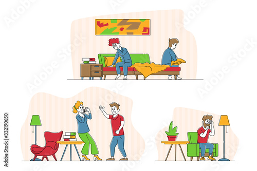 Set of Couples Quarrel, Domestic Violence and Spousal Abuse. Young People Swear at Home, Aggressive Man Yell on Woman. Husband and Wife Scandal, Family Relations. Linear People Vector Illustration