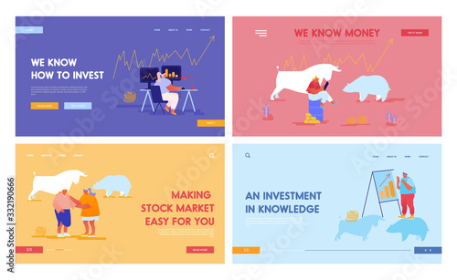 People Trading at Stock Market Landing Page Template Set. Businesspeople Brokers or Traders Characters Analyse Global Fond for Buying and Selling Bonds, Metal and Currency. Cartoon Vector Illustration