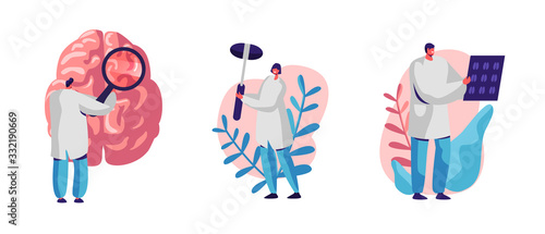 Set of Neurology Disease Diagnostics and Treatment. Doctor Neurologist Character Examine Huge Human Brain and X-ray Head Tomography Scan. Nurse with Medical Hammer. Cartoon People Vector Illustration