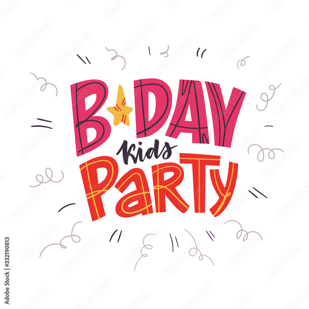 Fototapeta premium B-Day kids Party Vector hand drawn Happy Birthday Kids card with doodle elements isolated. Vector illustration