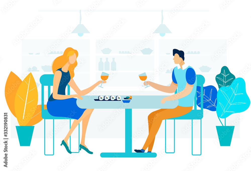 Romantic Gourmet Dinner Flat Vector Illustration. Young Woman and Man in Love Cartoon Characters. Husband and Wife Drinking Wine, Eating Seafood. Couple Celebrating Anniversary, Valentine Day