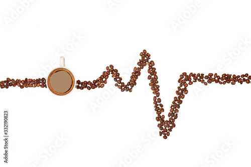 cup coffee with coffee beans drawing an electrocardiogram