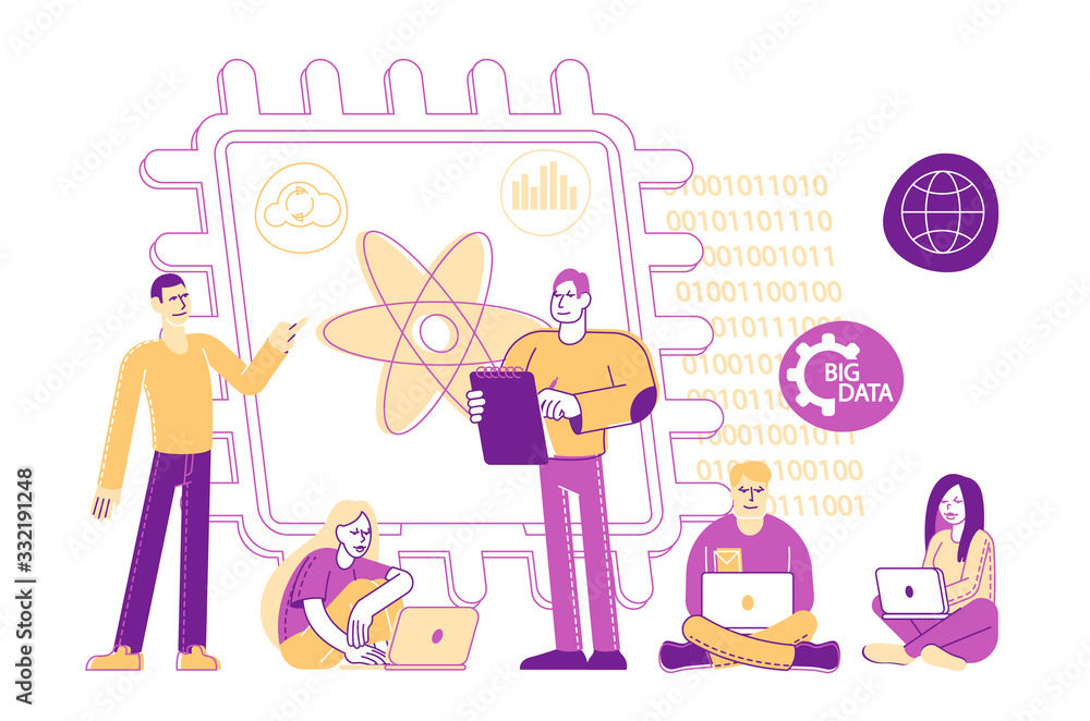 Tiny Male and Female Characters Engineers and Scientists Working with Quantum Computer Chip. Optical Technology, Photonics Research, Quantum Computing Concept. Linear People Vector Illustration Tiny Male and Female Characters Engineers and Scientists Working with Quantum Computer Chip. Optical Technology, Photonics Research, Quantum Computing Concept. Linear People Vector Illustration