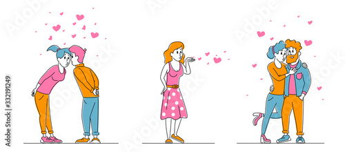 Set of Happy Loving Couple Kissing Isolated. Man and Woman Characters Spend Time Together Hugging and Rejoice with Hearts around. Girl Send Air Kiss, Love Relation. Linear People Vector Illustration
