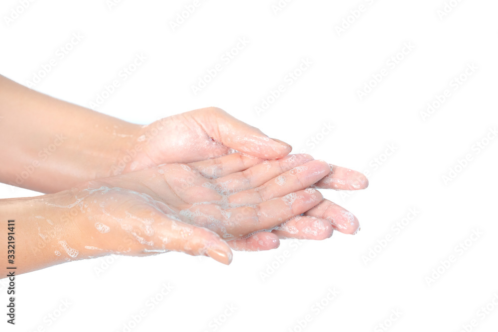 Close up of washing hands with soap isolated on white background Coronavirus prevention hand hygiene. Corona Virus pandemic protection by cleaning hands frequently. Close up of washing hands with soap isolated on white background Coronavirus prevention hand hygiene. Corona Virus pandemic protection by cleaning hands frequently.