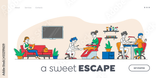 Fashion Club for Spa and Body Care Landing Page Template. Young Woman Character Visit Beauty Salon. Masters Do Manicure and Pedicure for Girl in Barbershop. Linear People. Linear Vector Illustration