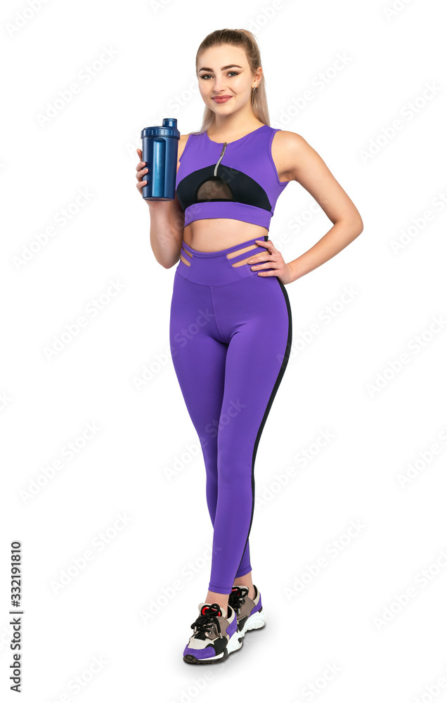 Sporty slim fitness woman. Girl holding sport bottle. Healthy woman body curve with sport wear on white background. Sporty slim fitness woman. Girl holding sport bottle. Healthy woman body curve with sport wear on white background.