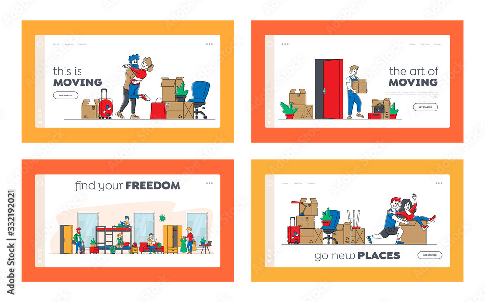 Young People Relocation and Moving to New House Landing Page Template Set. Family Couple Characters Fooling, Hugging and Dancing in New Home with Unpacked Boxes. Linear People Vector Illustration
