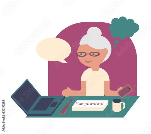 Elderly woman with laptop and smartphone. Color vector flat isolated illustration.