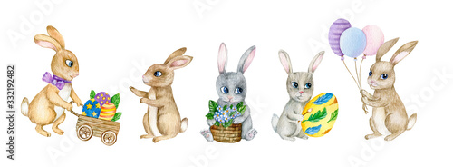 Fototapeta Naklejka Na Ścianę i Meble -  Watercolor Easter Rabbits, Hand Drawn Spring Bunny Illustration with Eggs, Ballons and Flowers Isolated on White Background. 