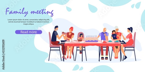 Multigeneration Family Celebrating Birthday at Home Sitting around Table with Parents and Children. Young and Senior Generations Spend Time Together Cartoon Flat Vector Illustration, Horizontal Banner