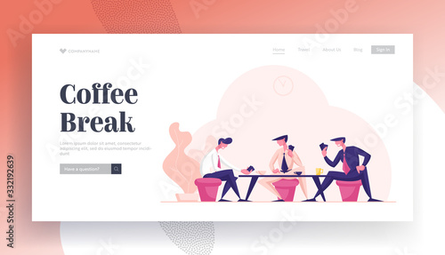 Business People Sitting at Table Playing Cards at Coffee Break Landing Page Template. Businessmen Characters Relaxing and Having Fun, Communicating and Chatting in Office. Cartoon Vector Illustration