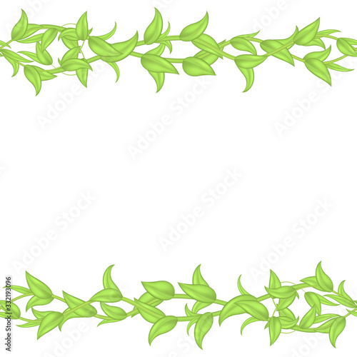 Horizontal seamless vector border or frame of green leaves and stems isolated on white background. Seamless pattern of interwoven ivy branches for decoration of cards