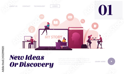 Tiny People Writing Biography Landing Page Template. Huge Laptop with My Story Inscription. Radio Host Interviewing Famous Person in Studio, Woman Print Book on Typewriter. Cartoon Vector Illustration