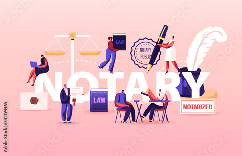 Notary Professional Service Concept. People Visit Lawyer Office for Signing and Legalization Documents. Secretary Character Stamping Documentation Poster Banner Flyer. Cartoon Vector Illustration
