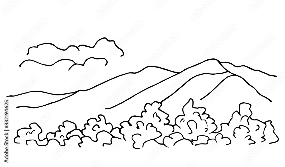 Hand-drawn simple vector landscape in black outline. Trees, bushes in the foreground mountain contours on the horizon, hills, clouds. Wildlife, tourism, nature, rural view. Coloring. Hand-drawn simple vector landscape in black outline. Trees, bushes in the foreground mountain contours on the horizon, hills, clouds. Wildlife, tourism, nature, rural view. Coloring.