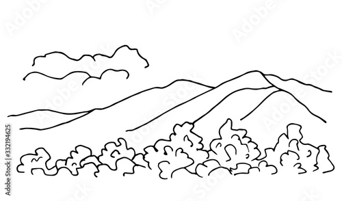 Hand-drawn simple vector landscape in black outline. Trees, bushes in the foreground mountain contours on the horizon, hills, clouds. Wildlife, tourism, nature, rural view. Coloring.