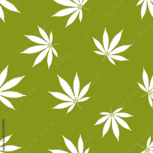 Cannabis seamless pattern. Marijuana leaf, white weed plant. Hashish texture, isolated green background. Hemp psychedelic grass. Fabric print for medical wallpaper. Simple design Vector illustration