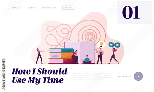 Philosophy Landing Page Template. Tiny Characters Reading Books, Meditate and Develop Spiritual Ideas. Woman with Infinity Symbol, Man with Glowing Light Bulb. Cartoon People. Vector Illustration