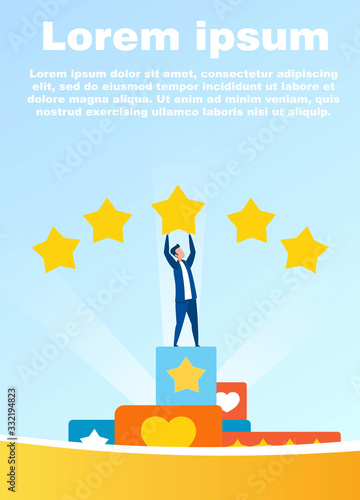 Cartoon Man Character Receiving Five Stars. Best Rating and Performance Estimate. Successful Social Media Marketing. Positive People Feedback and Comments. Motivate Banner. Vector Flat Illustration